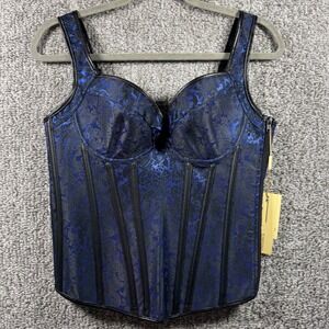 Kimring Gothic Jacquard Corset Top Blue Black Floral Lace Up Boned Bustier XL